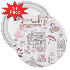 I Love London Drawing 3  Buttons (10 Pack) 