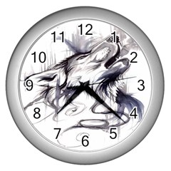 Tattoo-ink-flash-drawing-wolf Wall Clock (silver)