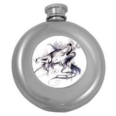 Tattoo-ink-flash-drawing-wolf Round Hip Flask (5 Oz) by Jancukart