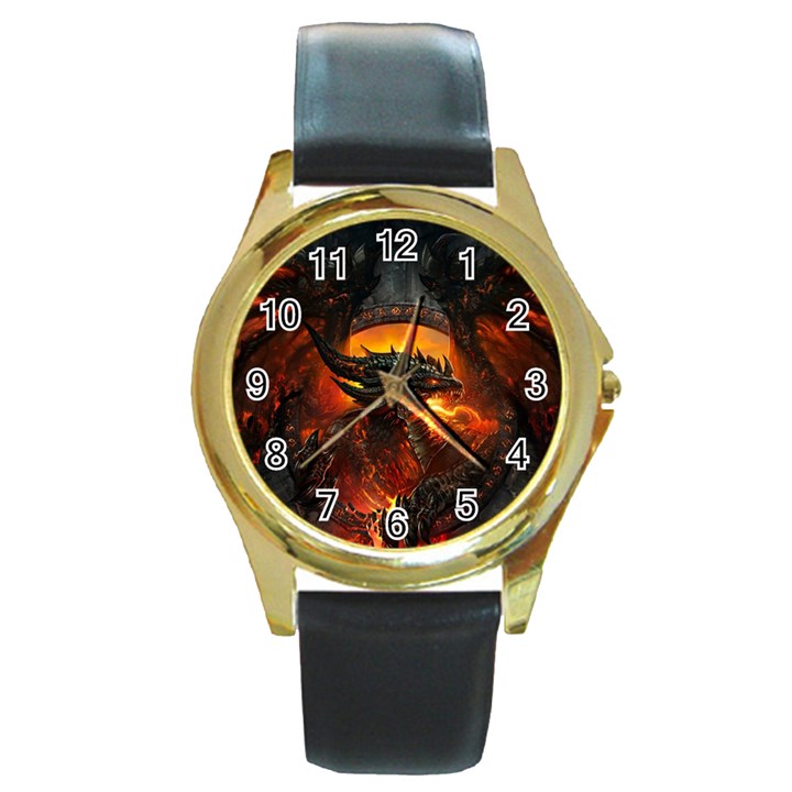 Dragon Fire Fantasy Art Round Gold Metal Watch