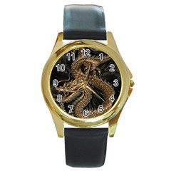 Fantasy Dragon Pentagram Round Gold Metal Watch by Jancukart