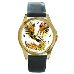 Phoenix-bird-fire-bright-red-swing Round Gold Metal Watch