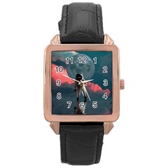 Astronaut-moon-space-nasa-planet Rose Gold Leather Watch 