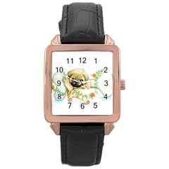 Pug-watercolor-cute-animal-dog Rose Gold Leather Watch 