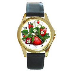 Strawberries-fruits-fruit-red Round Gold Metal Watch by Jancukart