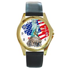 Statue Of Liberty Independence Day Poster Art Round Gold Metal Watch by Jancukart