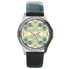 Folk Flowers Print Floral Pattern Ethnic Art Round Metal Watch by Eskimos