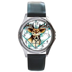 Deer-unicorn-tattoo-drawing-vector-watercolor Round Metal Watch