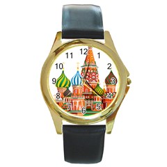 Moscow-kremlin-saint-basils-cathedral-red-square-l-vector-illustration-moscow-building Round Gold Metal Watch by Jancukart