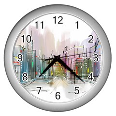 Drawing-watercolor-painting-city Wall Clock (silver)