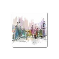 Drawing-watercolor-painting-city Square Magnet