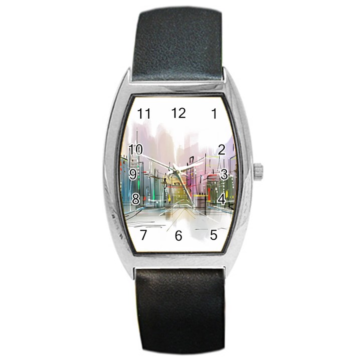 Drawing-watercolor-painting-city Barrel Style Metal Watch