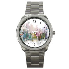 Drawing-watercolor-painting-city Sport Metal Watch