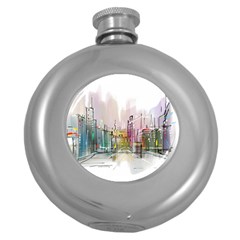 Drawing-watercolor-painting-city Round Hip Flask (5 Oz) by Jancukart