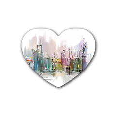 Drawing-watercolor-painting-city Rubber Heart Coaster (4 Pack)