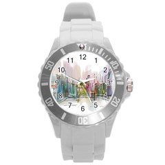 Drawing-watercolor-painting-city Round Plastic Sport Watch (l) by Jancukart