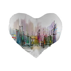 Drawing-watercolor-painting-city Standard 16  Premium Heart Shape Cushions by Jancukart