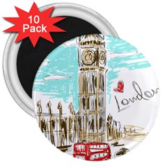 Big-ben-paris-clock-tower-vector-painted-london 3  Magnets (10 Pack) 