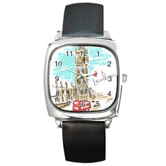 Big-ben-paris-clock-tower-vector-painted-london Square Metal Watch by Jancukart