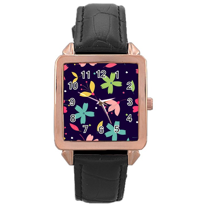 Colorful Floral Rose Gold Leather Watch 