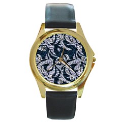 Blue On Grey Stitches Round Gold Metal Watch by kaleidomarblingart