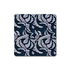 Blue On Grey Stitches Square Magnet by kaleidomarblingart