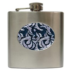 Blue On Grey Stitches Hip Flask (6 Oz) by kaleidomarblingart