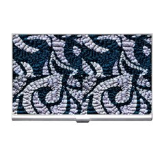 Blue On Grey Stitches Business Card Holder by kaleidomarblingart