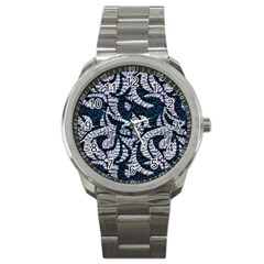 Blue On Grey Stitches Sport Metal Watch by kaleidomarblingart