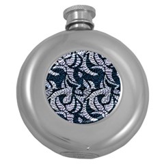 Blue On Grey Stitches Round Hip Flask (5 Oz) by kaleidomarblingart