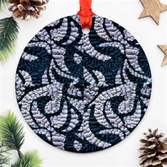 Blue On Grey Stitches Round Ornament (two Sides) by kaleidomarblingart