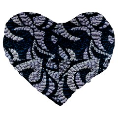 Blue On Grey Stitches Large 19  Premium Flano Heart Shape Cushions by kaleidomarblingart