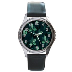 Plant Leaves Round Metal Watch by artworkshop