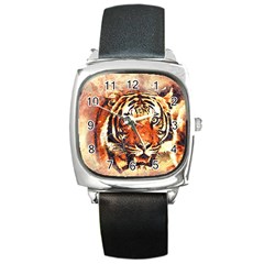 Tiger-portrait-art-abstract Square Metal Watch by Jancukart