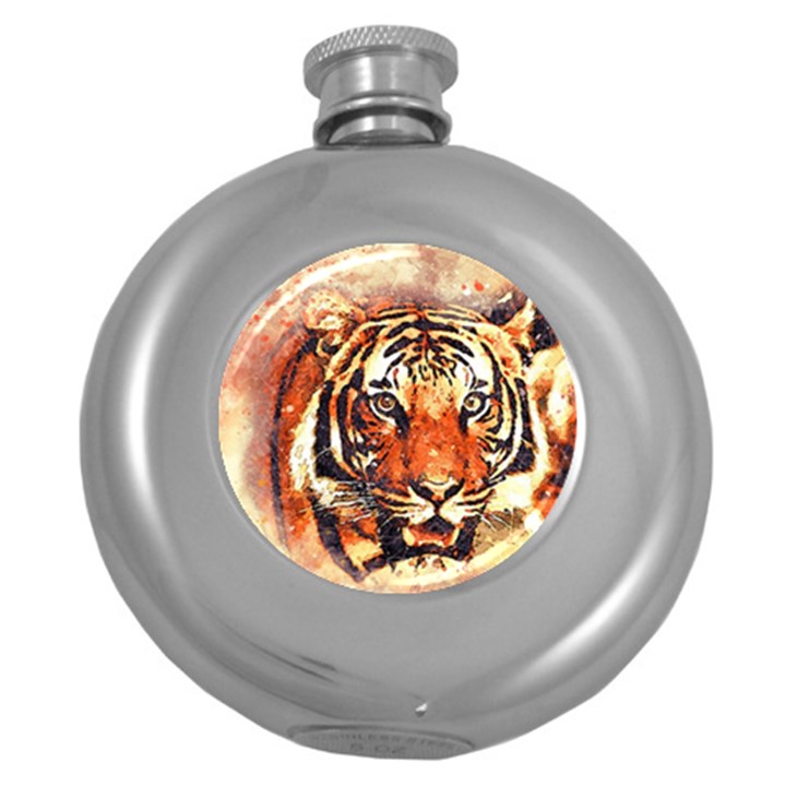 Tiger-portrait-art-abstract Round Hip Flask (5 oz)