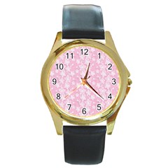 Pink-floral-background Round Gold Metal Watch