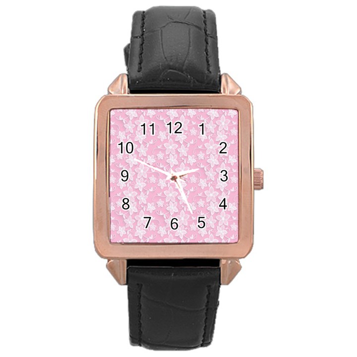 Pink-floral-background Rose Gold Leather Watch 