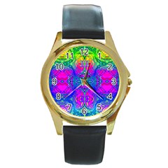 Liquid Rainbows Round Gold Metal Watch by Thespacecampers