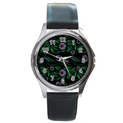 Folk Flowers Print Floral Pattern Ethnic Art Round Metal Watch by Eskimos