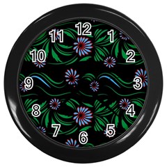 Folk Flowers Print Floral Pattern Ethnic Art Wall Clock (black) by Eskimos