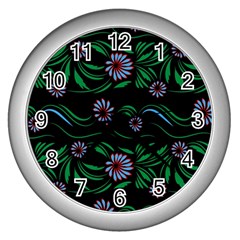 Folk Flowers Print Floral Pattern Ethnic Art Wall Clock (silver) by Eskimos