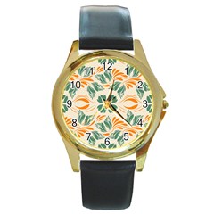 Folk flowers print Floral pattern Ethnic art Round Gold Metal Watch