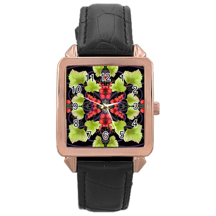 Pattern-berry-red-currant-plant Rose Gold Leather Watch 