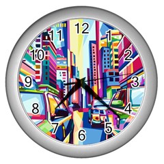 City-street-car-road-architecture Wall Clock (silver)