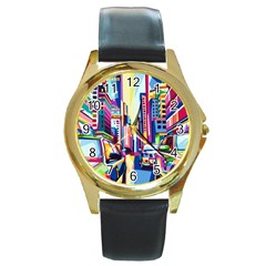 City-street-car-road-architecture Round Gold Metal Watch by Jancukart