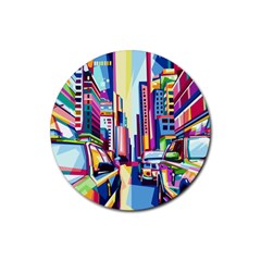 City-street-car-road-architecture Rubber Round Coaster (4 Pack)