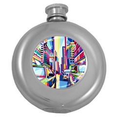 City-street-car-road-architecture Round Hip Flask (5 Oz) by Jancukart