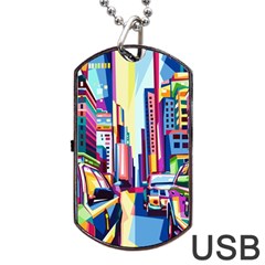 City-street-car-road-architecture Dog Tag Usb Flash (one Side)