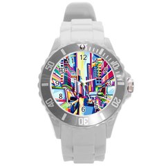 City-street-car-road-architecture Round Plastic Sport Watch (l) by Jancukart