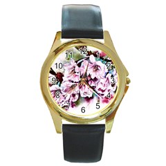 Watercolour-cherry-blossoms Round Gold Metal Watch by Jancukart